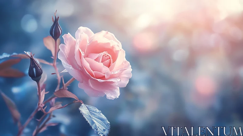 Pink Rose Blooms Against Bokeh Blue Background in Soft Light.