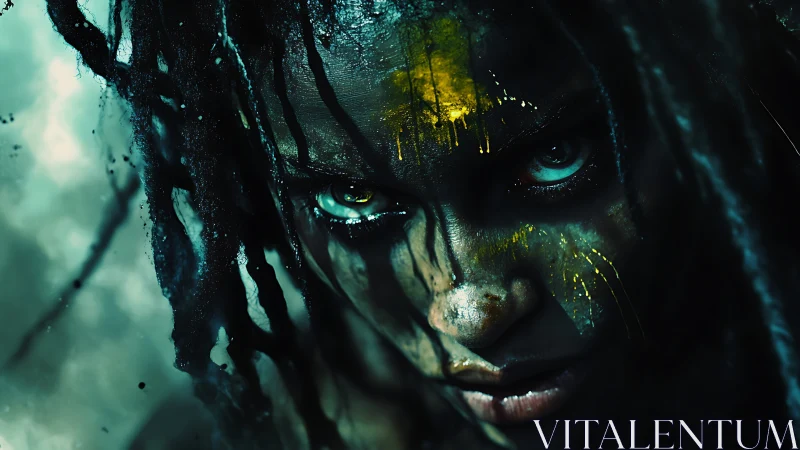 Warrior&rsquo;s painted stare cuts through teal shadowed mist.