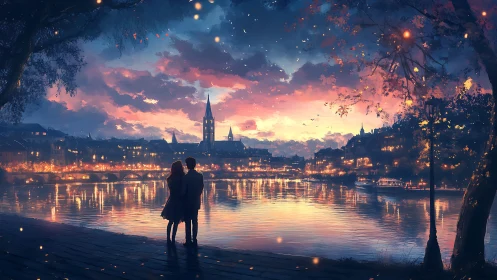 Couple's Romantic Twilight Moment Over Illuminated Medieval City