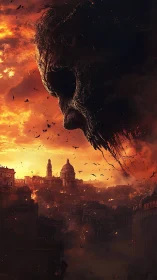 Colossal ash-skull entity looming over burning neoclassical city