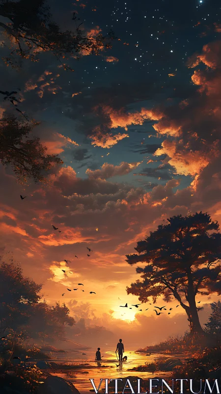 Sunset river walk with silhouettes under glowing sky.