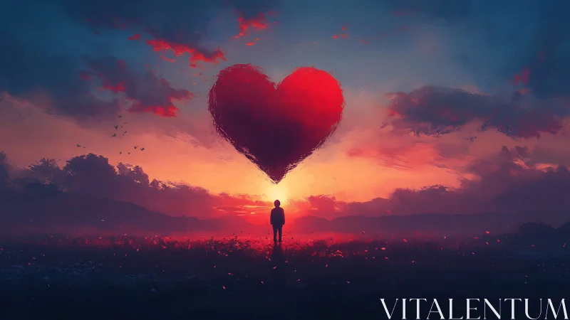 Solitary Figure Beneath Giant Red Heart at Sunset.