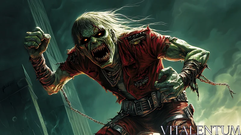 Digital painting of feral undead rocker in dynamic perspective.