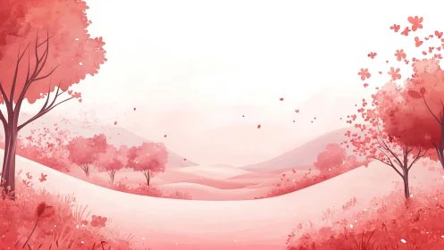 Soft pink landscape with stylized trees and rolling hills.