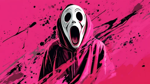 Neon pink scream figure erupts from chaotic paint splashes