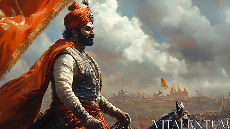Majestic warrior king surveys saffron banners and stormed skies.