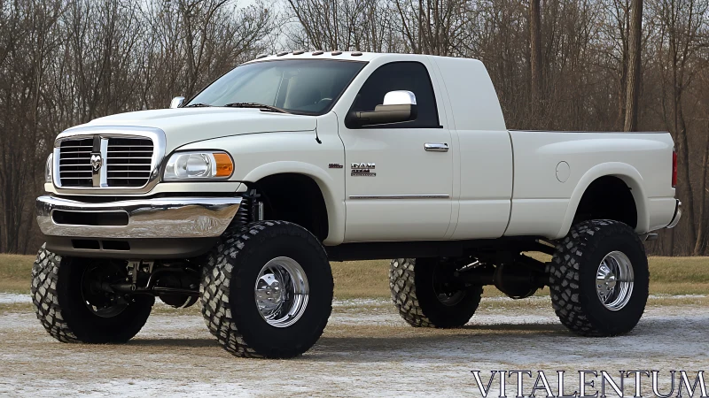Lifted white pickup truck stands tall on rugged off-road tires.