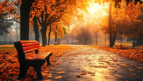Sunlit autumn park path with empty benches and golden foliage