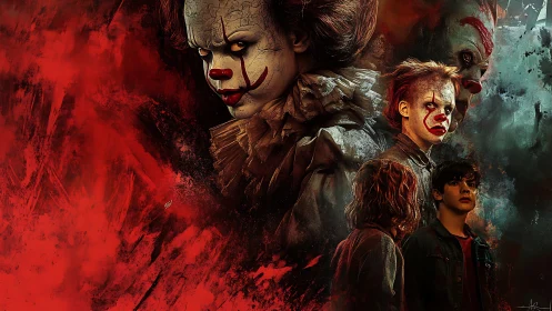 Chilling clown collage and brave teens in fiery darkness.