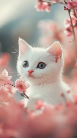 White cat with blue eyes among pink cherry blossom flowers