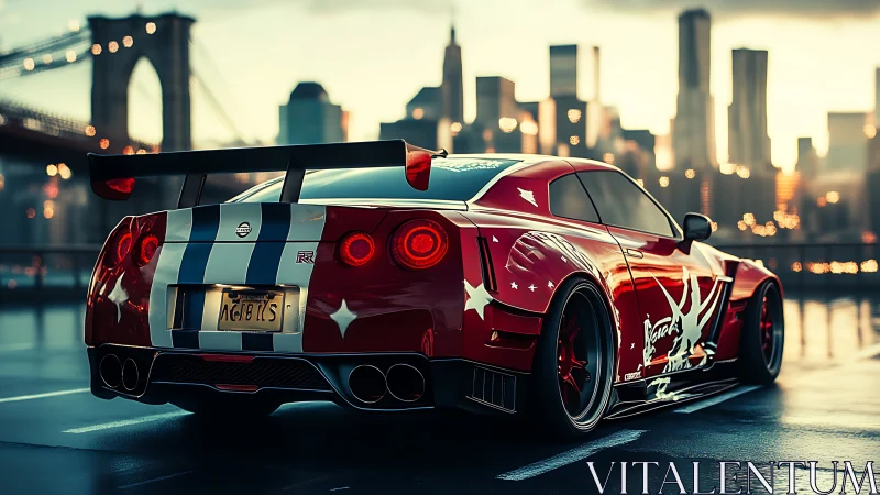 Custom red Nissan GT-R dominates wet city bridge at dusk.