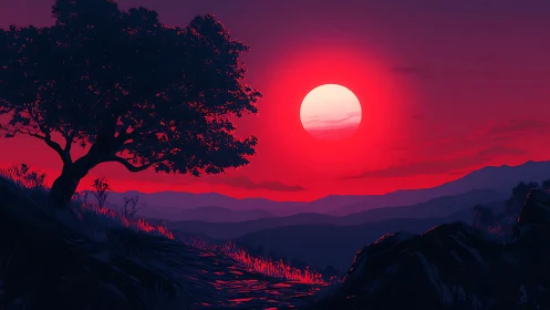 Red sun over layered mountains and lone hillside tree.