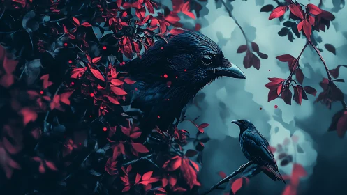 Black Birds Among Red Foliage in Atmospheric Composition