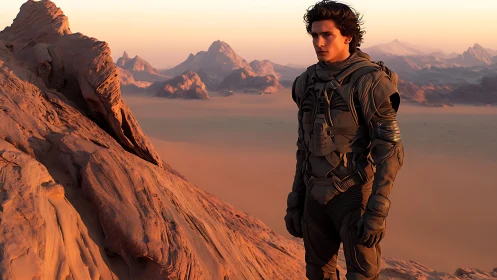 Desert-clad figure in tactical suit on sunlit alien ridge.