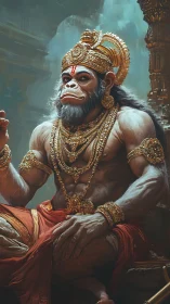 Mythic simian deity in ornate gold regalia, seated regally.