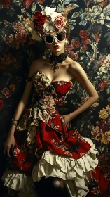 Floral daydream in red, where vintage glamour blooms.