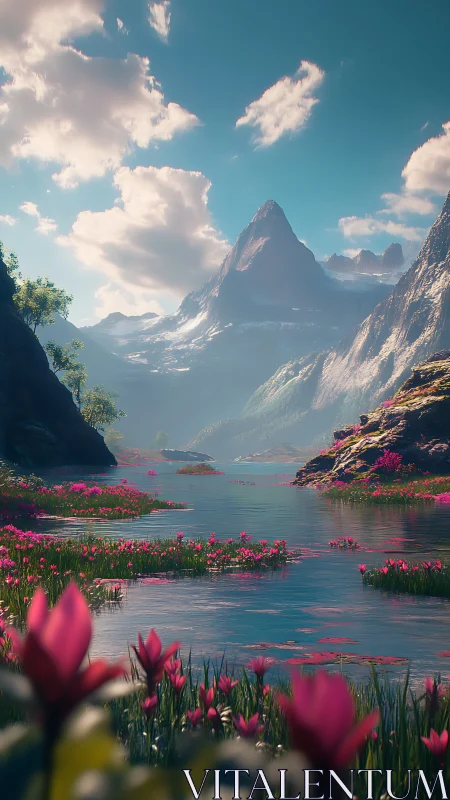 Quiet blossom lake cradled beneath sunlit mountain peaks.