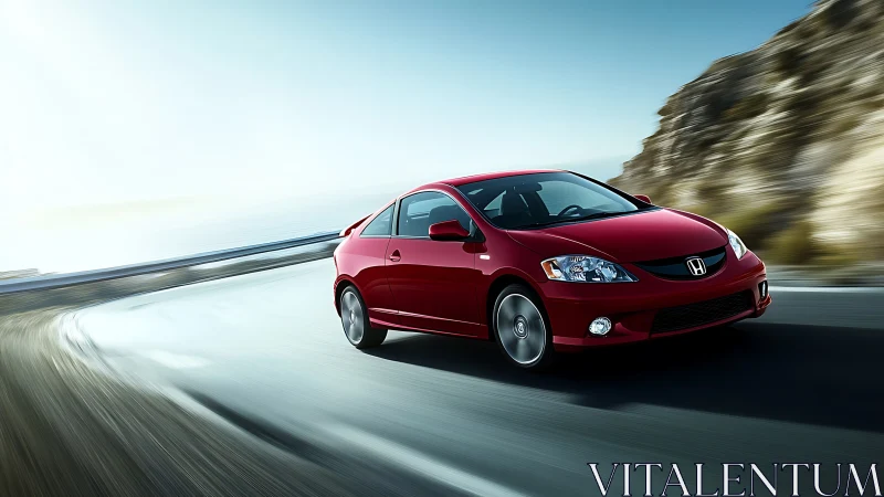 Red compact coupe cornering on mountain highway in motion blur