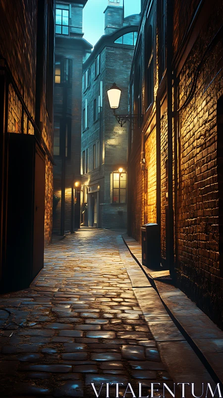 Rain-slicked alleyway glows under warm urban lamplight.