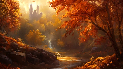 Medieval Castle Framed by Autumn Forest and Golden Waterfall