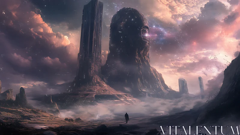 Colossal stone head tower dominates misty alien valley.