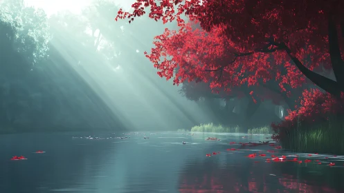 Sunlit river with red forest canopy and drifting leaves.
