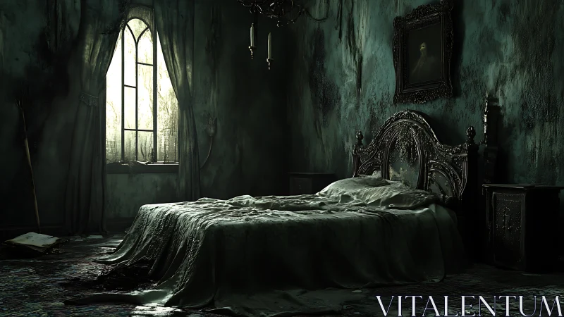 Gothic decay bedroom with baroque bedframe and spectral light.