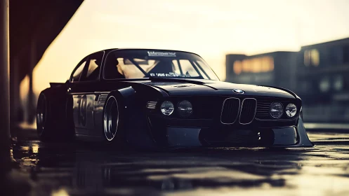 Low-angle view shows modified BMW race car on wet surface