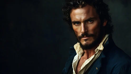 Weathered sea rogue with storm-lit, unwavering gaze.