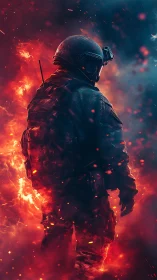 Blazing battlefield soldier steps forward through swirling fire