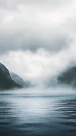 Low-contrast fjord landscape with dense surface fog and calm water