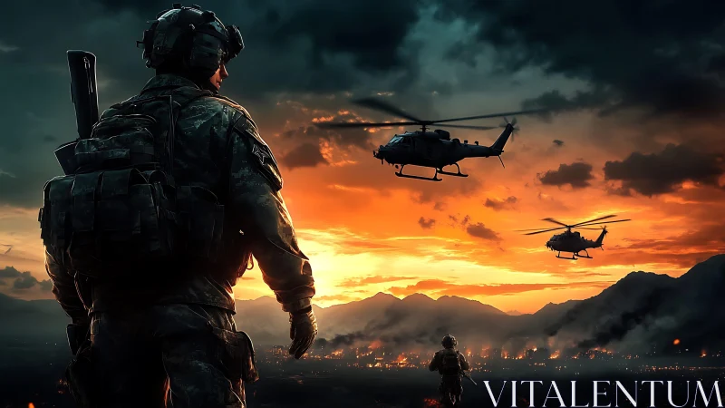 Armed soldiers and helicopters over burning valley at dusk.