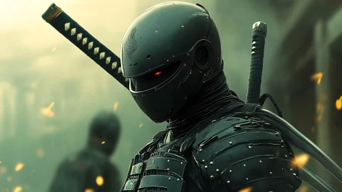 Cybernetic ninja warrior in ash-green atmospheric flames.