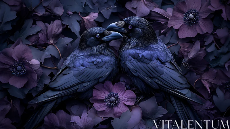 Two Ravens Rest Among Purple Flowers in Moody Twilight