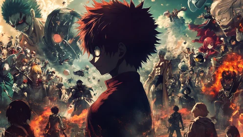 Dense anime battle panorama with central brooding silhouette