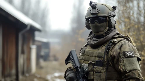 Tactical operator in camouflaged gear with rifle outdoors.