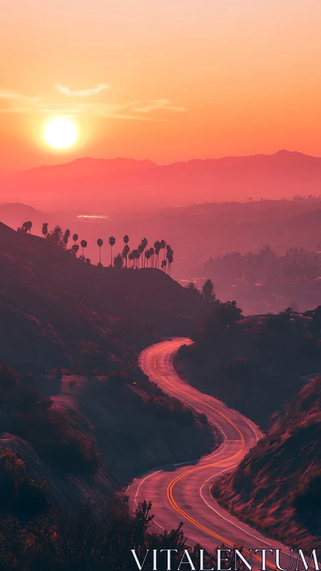 Golden hour road winds gently through glowing sunset hills