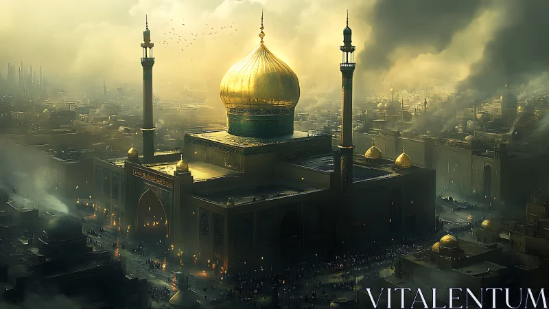 Golden domed mosque dominates dense smoky cityscape