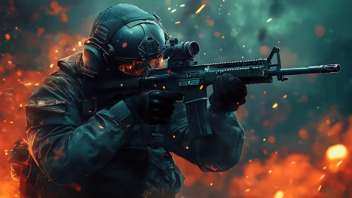 Tactical soldier aiming rifle in fiery combat scene.