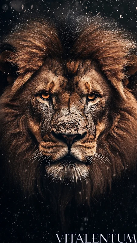Front-facing lion portrait shows detailed mane and snowfall