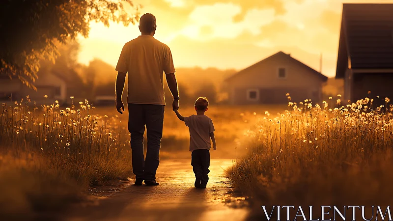 Man and child walking home on warm golden evening street.