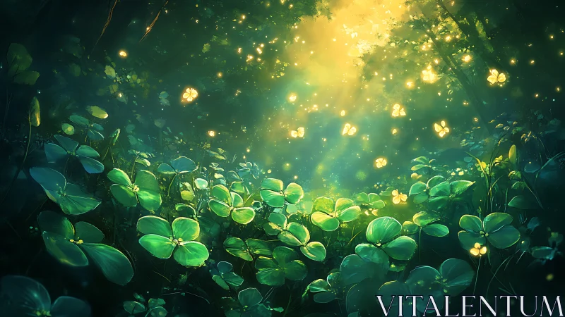 Glowing butterflies drift through a dreamy sunlit forest glade