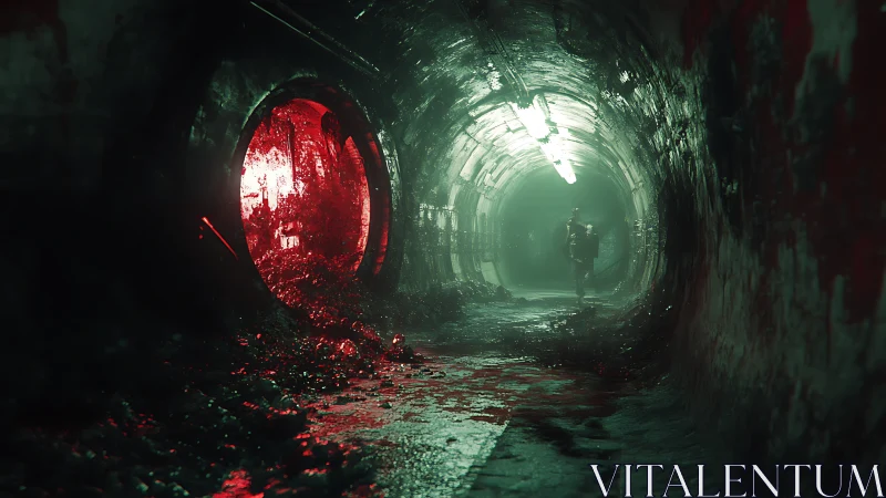Dark industrial tunnel with lone figure and red side shaft.