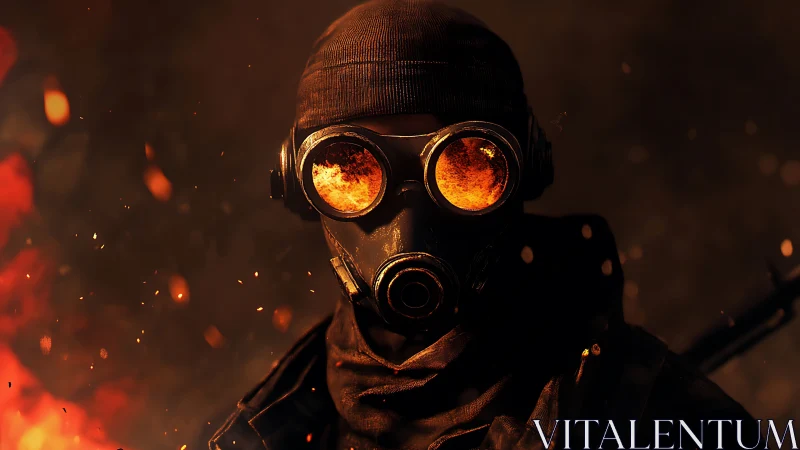 Postapocalyptic soldier in gas mask amid burning embers.