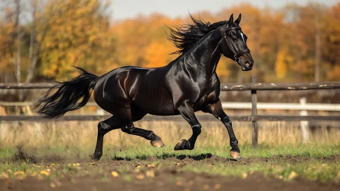 Black horse running across paddock in autumn light.