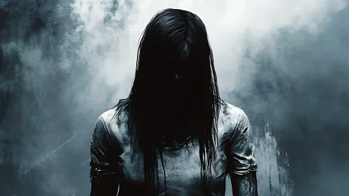 Haunting figure looms in dark fog, evoking cold dread