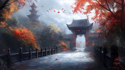 Misty autumn temple gate with vivid red maple canopy.