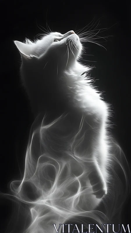 Luminous white cat rises through ethereal swirling light