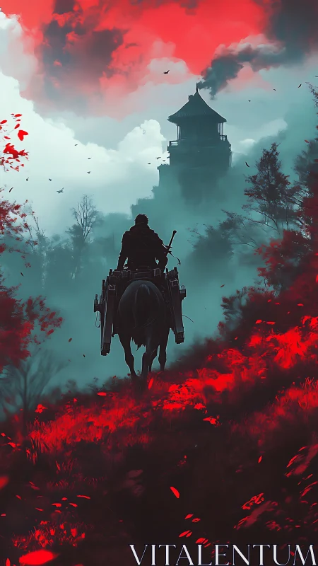 Mounted figure approaching distant tower in red landscape.