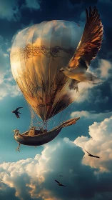 Ornate avian airship with gold-illuminated balloon crossing stratocumulus